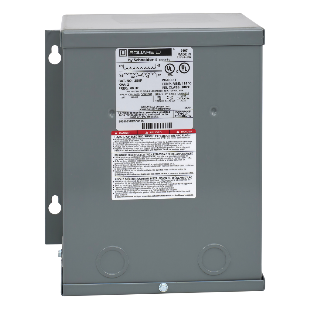 2S8F – Transformer, dry type, encapsulated, 2kVA, 1 phase, 277V primary, 120/240V secondary, 9A, 115C rise