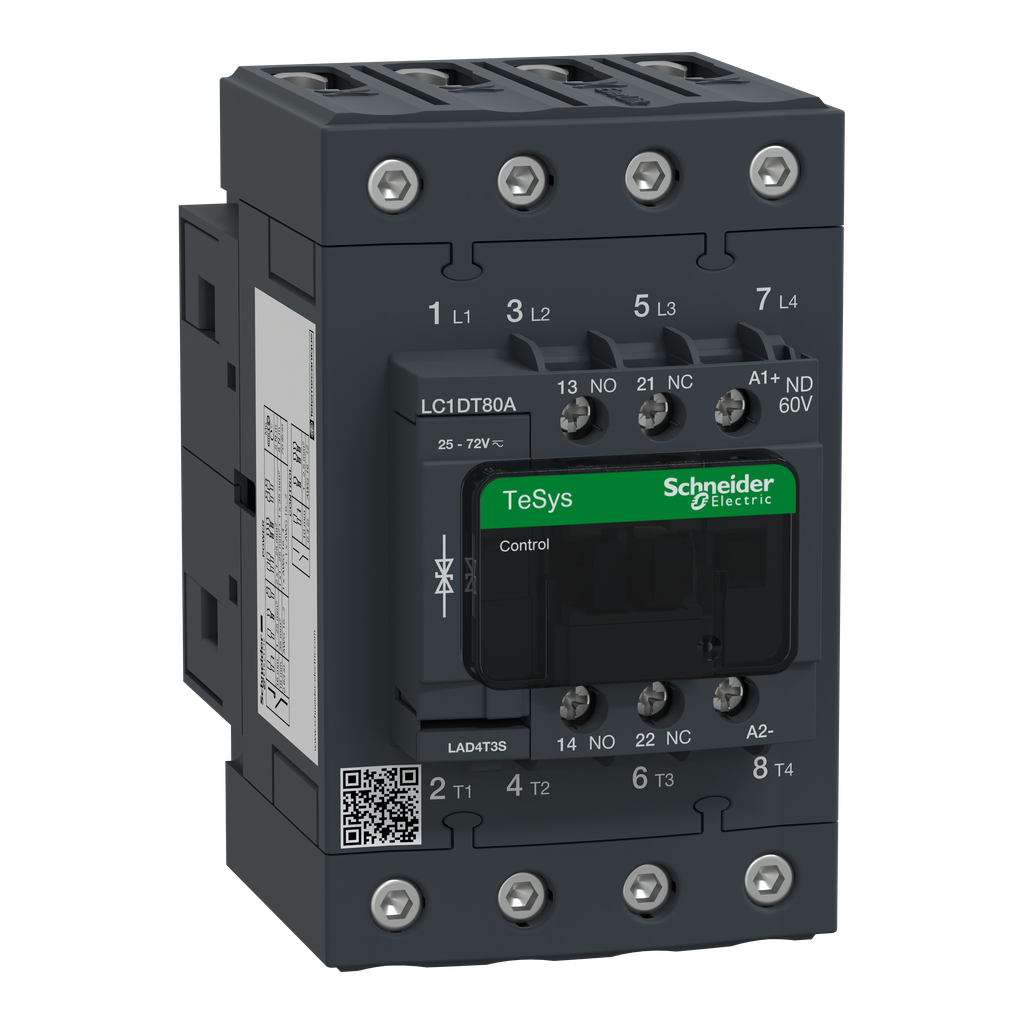 LC1DT80AND – IEC contactor, TeSys Deca, nonreversing, 80A resistive, 4 pole, 4 NO, 60VDC coil, open style
