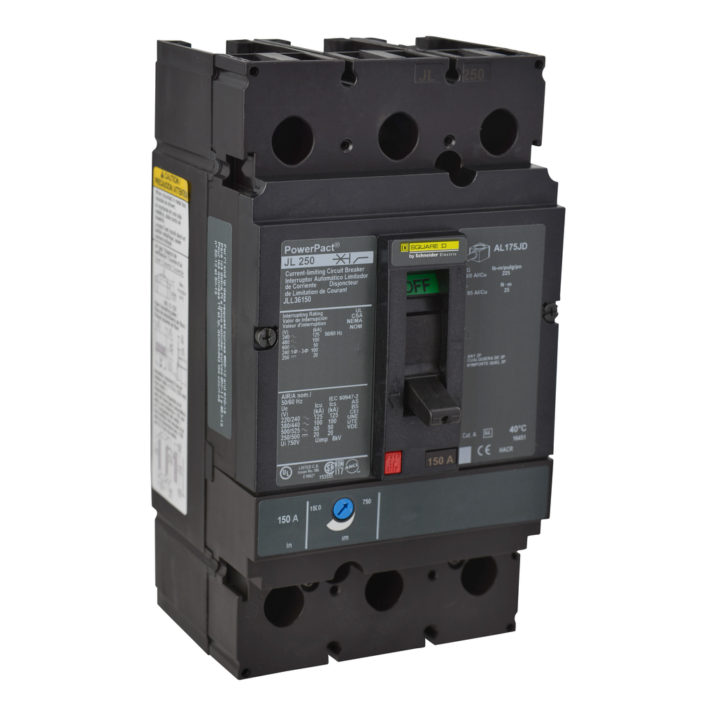 JLL36250LY – Circuit breaker, PowerPacT J, 250A, 3 pole, 600VAC, 50kA, lugs, thermal magnetic, 80%, low amp lugs