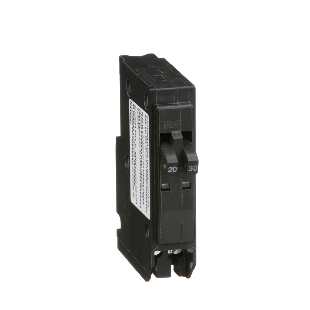 QO2030 – Tandem mini circuit breaker, QO, 1 x 1 pole at 20A, 1 x 1 pole at 30A, 120/240VAC, 10kA, plug in
