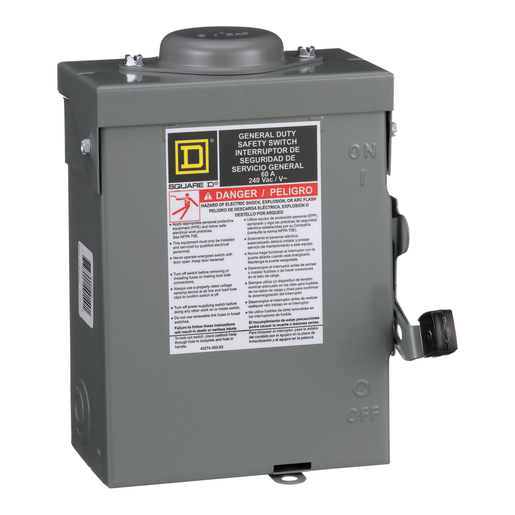 DU222RBUP – Safety switch, general duty, non fusible, 60A, 2 pole, 2 wire, 10hp, 240VAC, NEMA 3R, bolt on hub provision