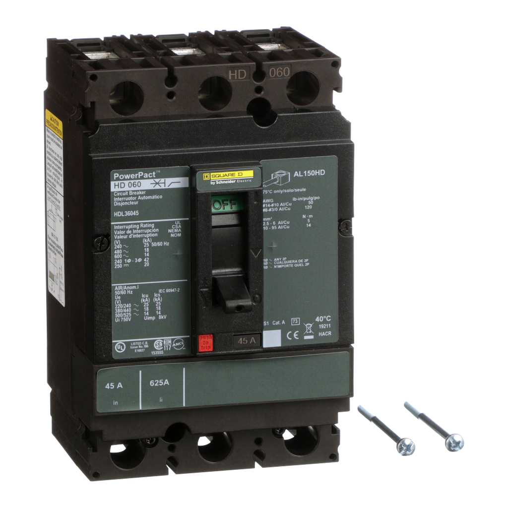HDL36045 – Circuit breaker, PowerPacT H, 45A, 3 pole, 600VAC, 14kA, lugs, thermal magnetic, 80%
