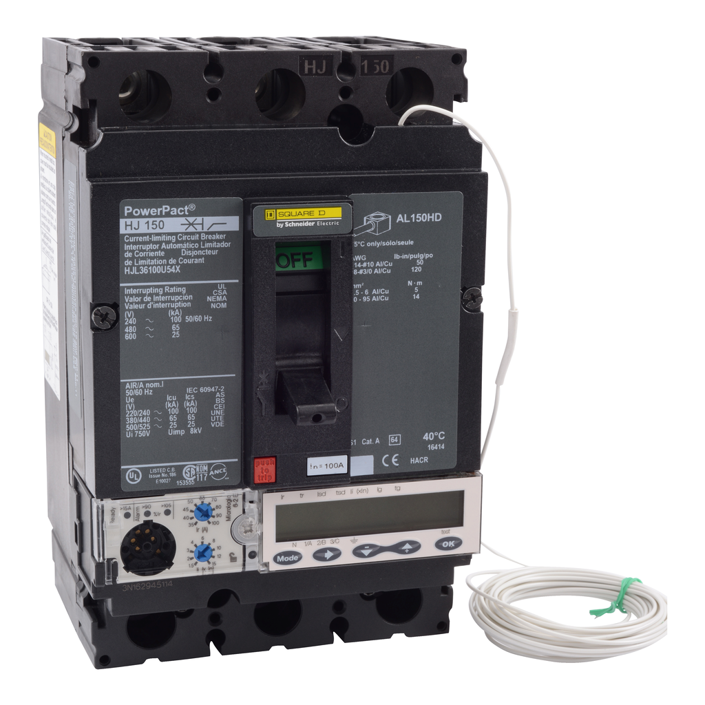 HJL36100U54X – Circuit breaker, PowerPacT H, 100A, 3 pole, 600VAC, 25kA, lugs, Micrologic 6.2E, 80%