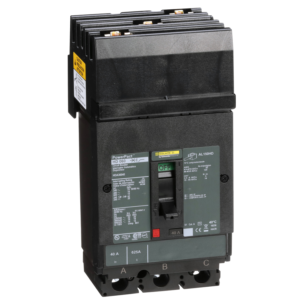 HDA36040 – Circuit breaker, PowerPacT H, 40A, 3 pole, 600VAC, 14kA, I-Line, thermal magnetic, 80%, ABC