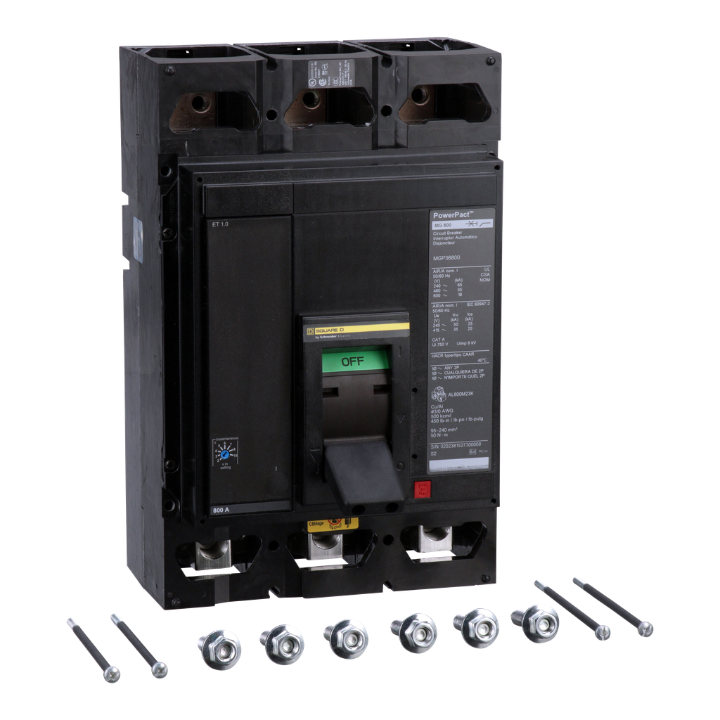 MGP36800 – Circuit breaker, PowerPacT M, 800A, 3 pole, 600VAC, 18kA, lugs, ET 1.0, 80%