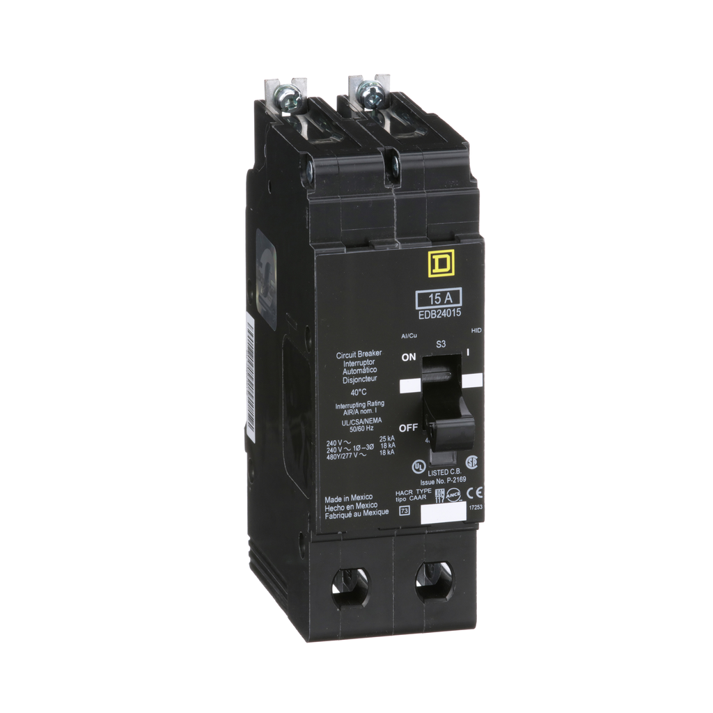 EDB24015 – Mini circuit breaker, E-Frame, 15A, 2 pole, 480Y/277VAC, 25kA max, bolt on