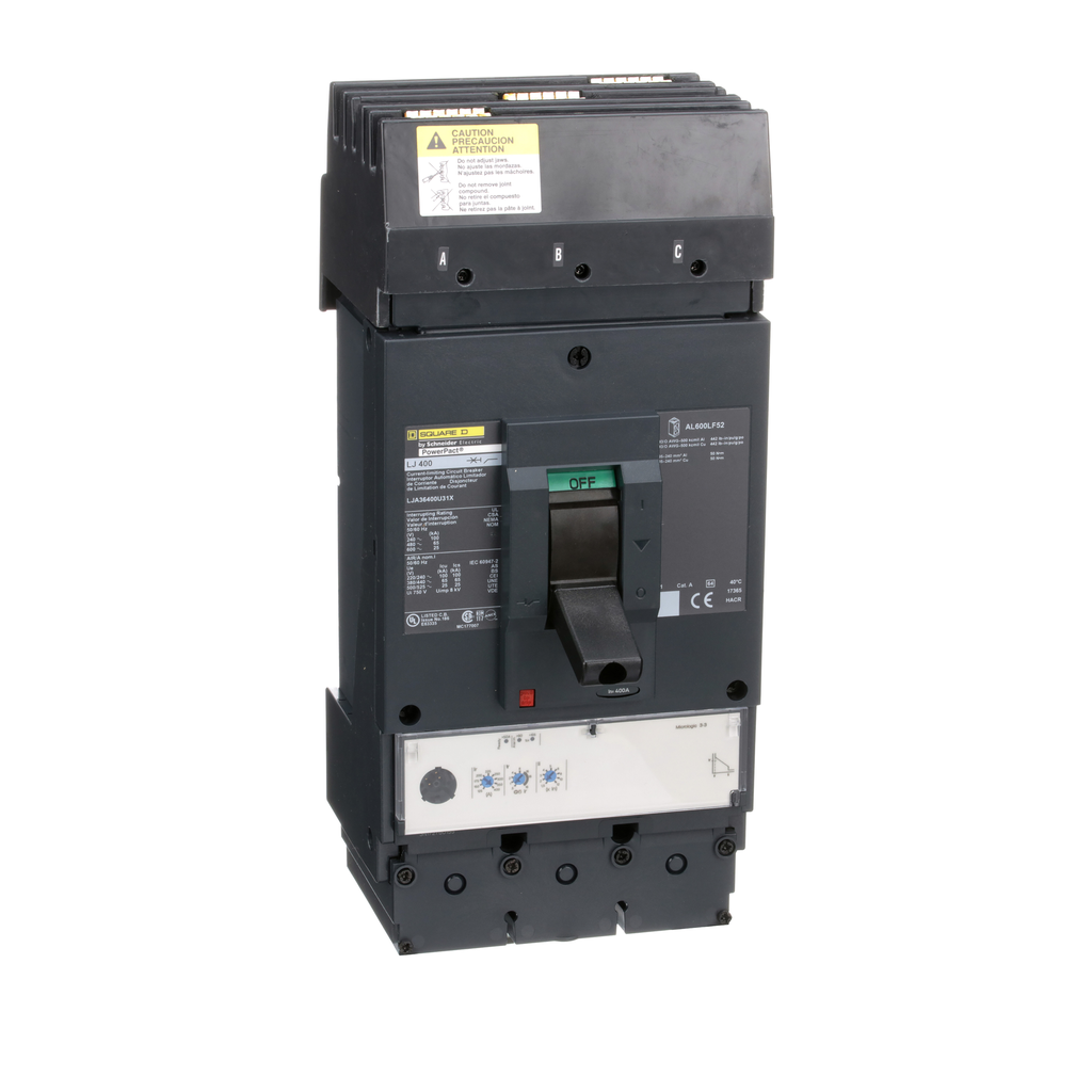 LJA36400U31X – Circuit breaker, PowerPacT L, 400A, 3 pole, 600VAC, 25kA, I-Line, MicroLogic 3.3, 80%, ABC