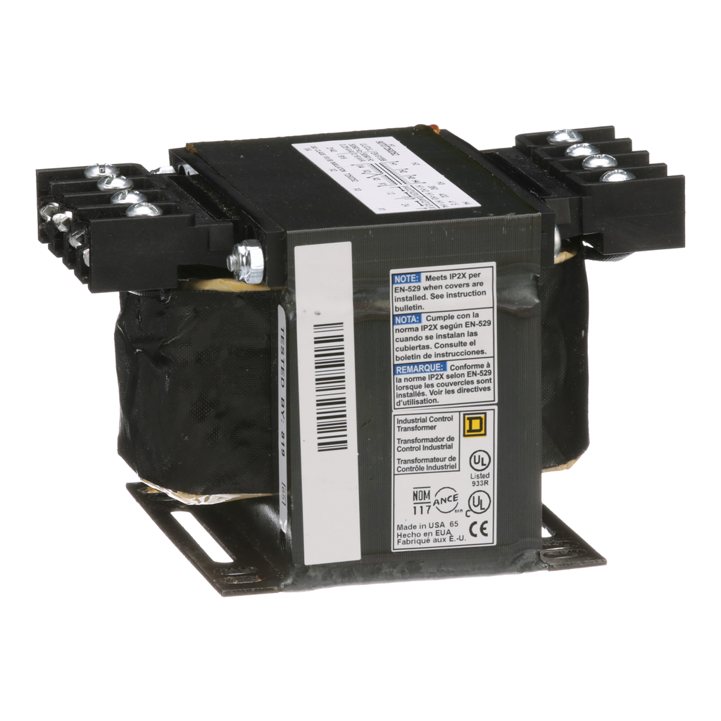 9070T250D52 – Transformer, Type T, industrial control, 250VA, 1 phase, 380/400/415V primary, 12/24V secondary, 80C rise