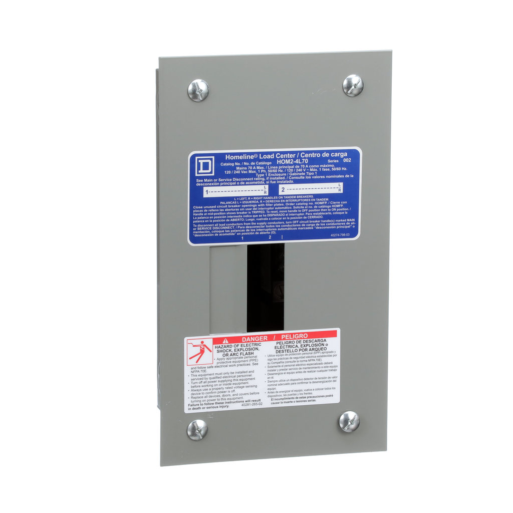 HOM24L70F – Load center, Homeline, 1 phase, 2 spaces, 4 circuits, 70A fixed main lugs, NEMA1, flush cover