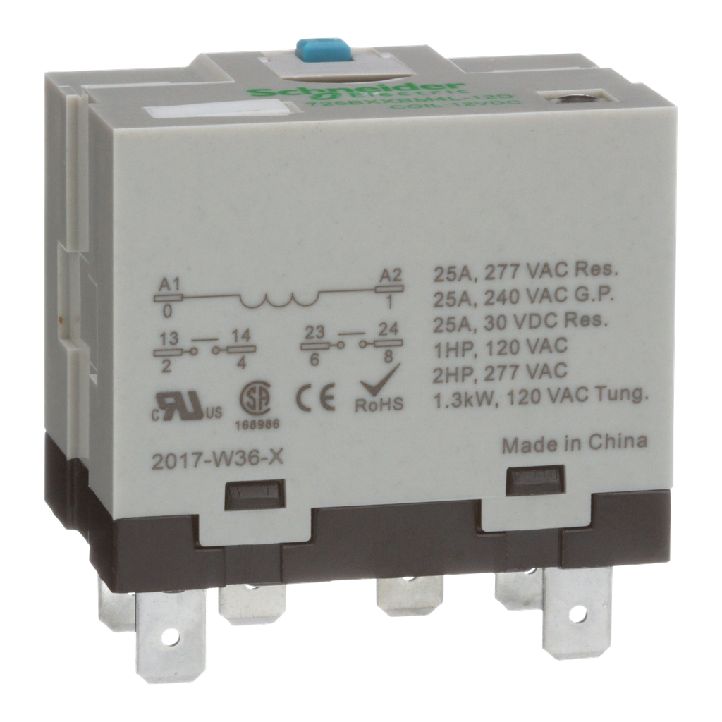 725BXXBM4L-12D – Power relay, SE Relays, 25A, 2NO, 12VDC, LED, flag indicator, locking push button, blade terminal, plug-in socket mount