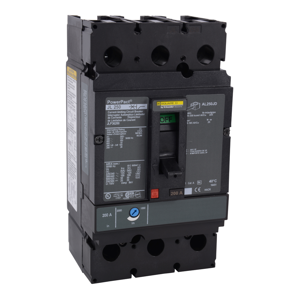 JLP36250 – Circuit breaker, PowerPacT J, 250A, 3 pole, 600VAC, 50kA, lugs, thermal magnetic, 80%