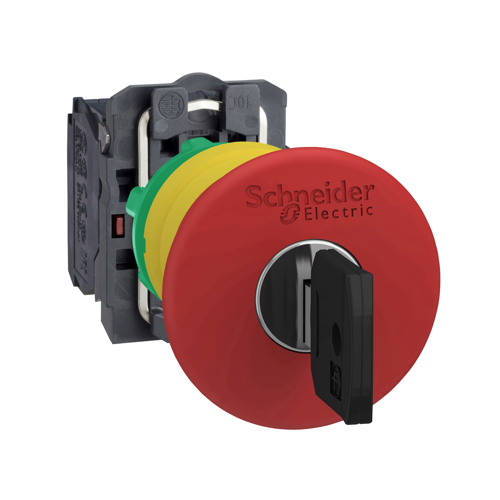 XB5AS9445 – Emergency stop switching off, Harmony XB5, plastic, red mushroom 40mm, 22mm trigger latching key release, 1NO 1NC