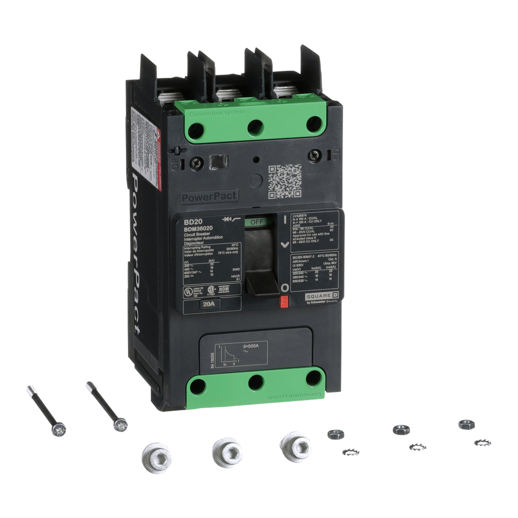 BDM36020 – Circuit breaker, PowerPacT B, 20A, 3 pole, 600Y/347VAC, 14kA, lugs, thermal magnetic, 80%