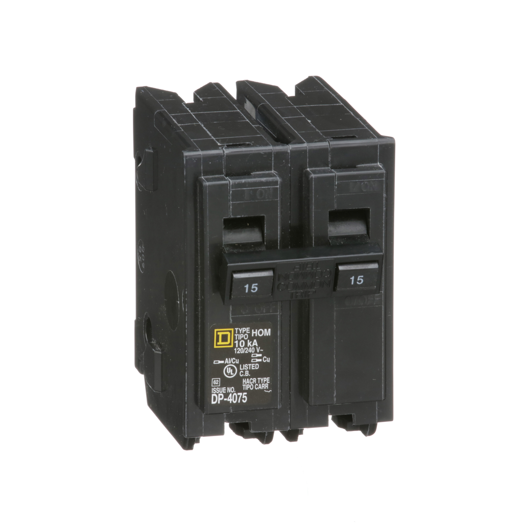 HOM215 – Mini circuit breaker, Homeline, 15A, 2 pole, 120/240VAC, 10kA AIR, standard type, plug in, UL