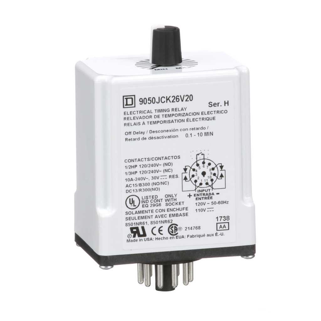 9050JCK26V20 – Timer, Harmony 9050 JCK, off delay, adjustable time, 0.1 to 10 minutes, 10A, 240V AC, 120V AC/110V DC