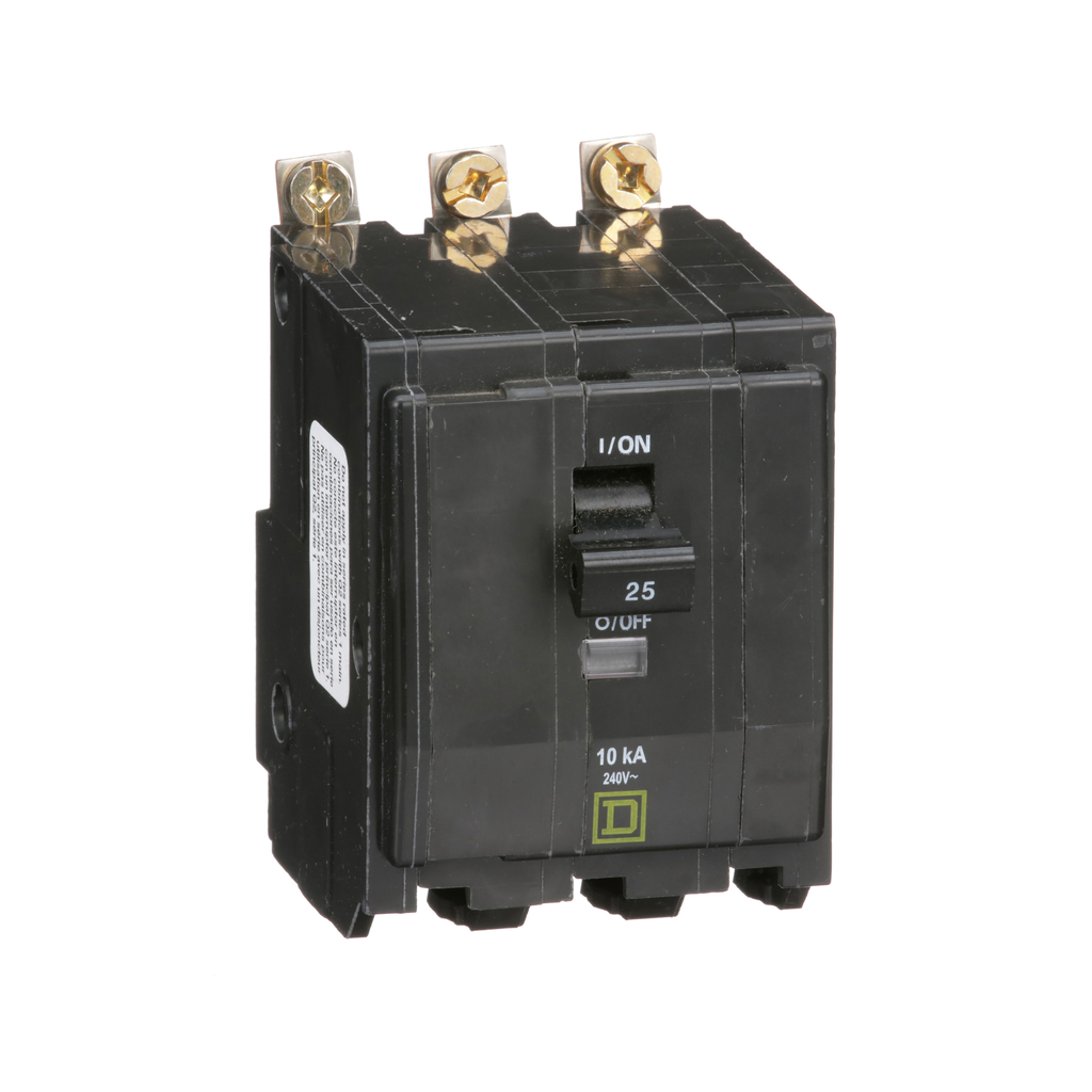 QOB325 – Mini circuit breaker, QO, 25A, 3 pole, 120/240VAC, 10kA, bolt on