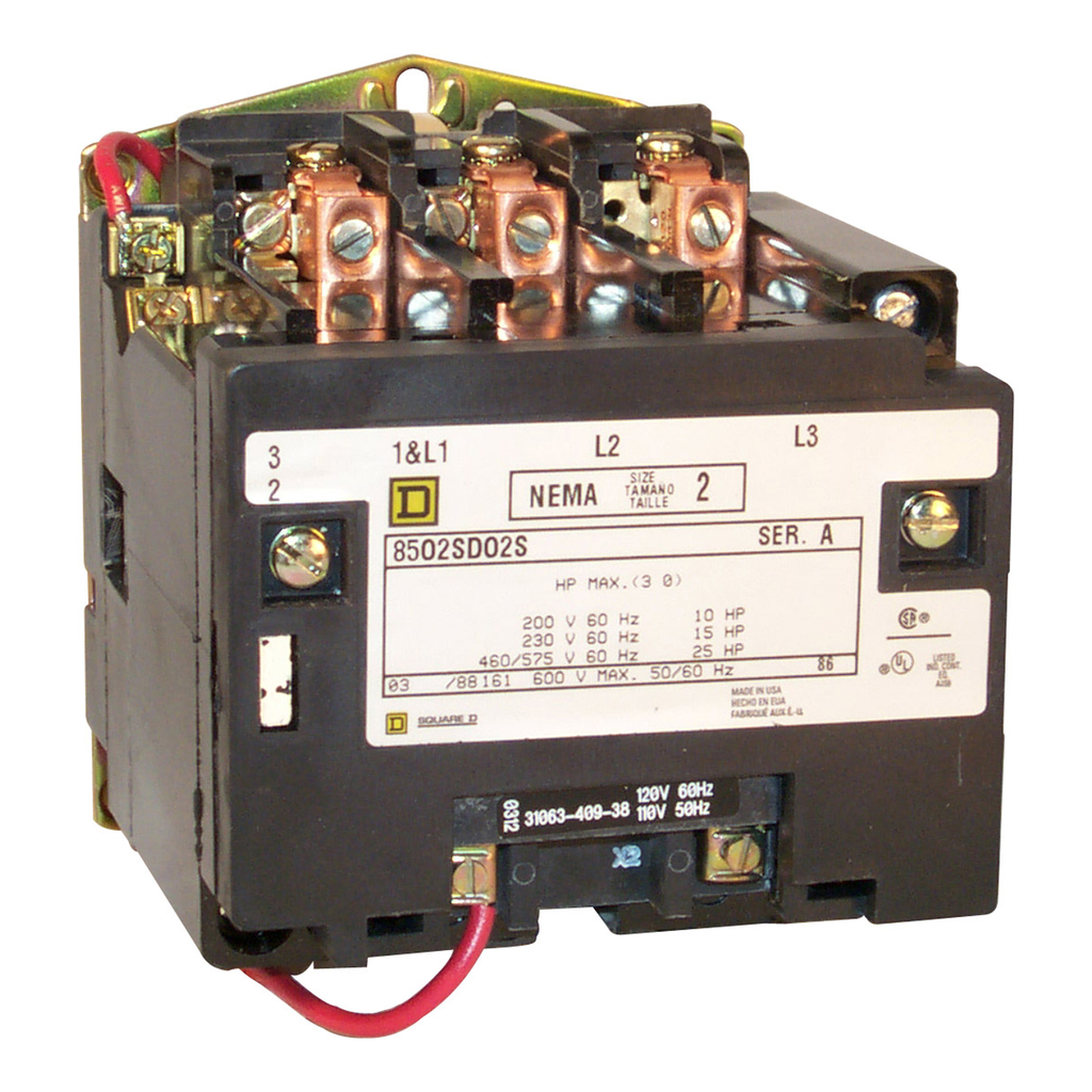 8502SDO1V02S – NEMA Contactor, Type S, nonreversing, Size 2, 45A, 7.5HP at 230VAC, 1 phase, up to 100kA, 2 pole, 120VAC coil, open