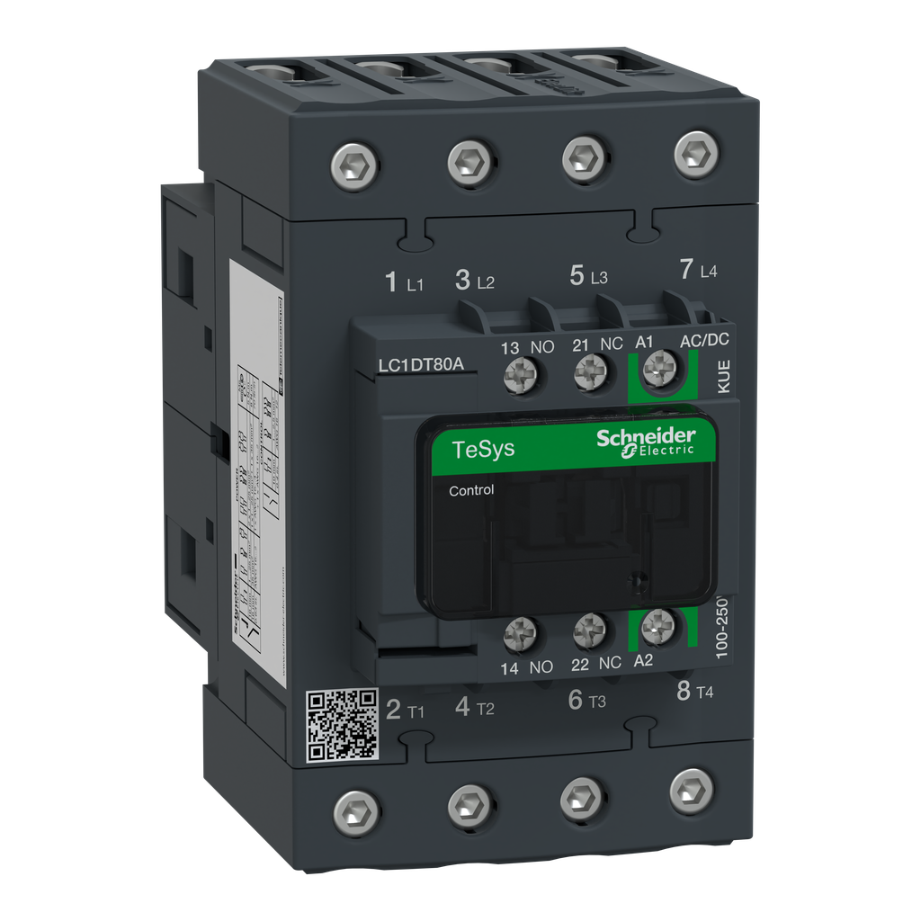 LC1DT80AKUE – IEC contactor, TeSys Deca Green, nonreversing, 80A resistive, 4 pole, 4 NO, 100/250VAC/VDC coil, open style