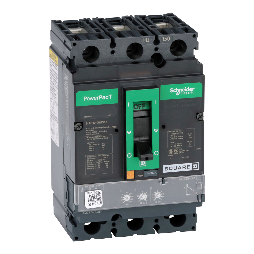 HJL36100U31X – Circuit breaker, PowerPacT H, 100A, 3 pole, 600VAC, 25kA, lugs, Micrologic 3.2, 80%