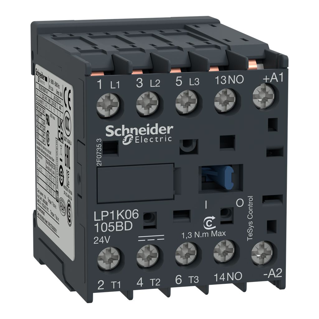 LP1K09105BD – Contactor, TeSys K, 3P, AC-3, lt or eq to 440V, 9A, 1 NO aux, 24VDC coil