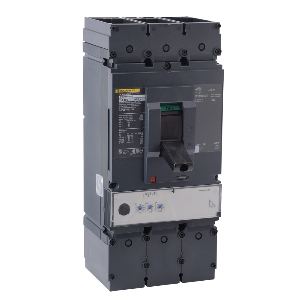 LJP36600U31XSA – Circuit breaker, PowerPacT L, 600A, 3 pole, 600VAC, 25kA, lugs, MicroLogic 3.3, 80%, shunt