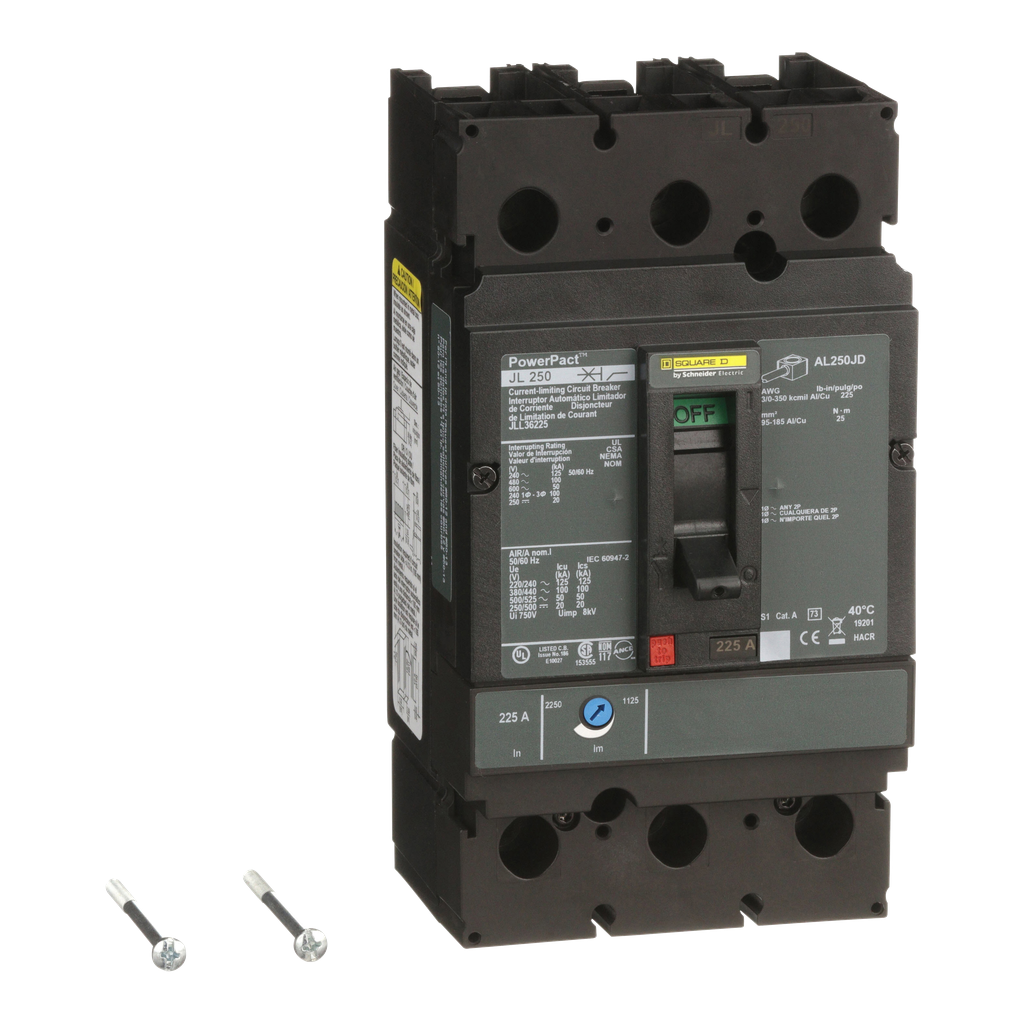 JLL36225 – Circuit breaker, PowerPacT J, 225A, 3 pole, 600VAC, 50kA, lugs, thermal magnetic, 80%