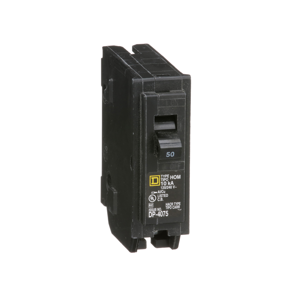 HOM150 – Mini circuit breaker, Homeline, 50A, 1 pole, 120/240VAC, 10kA AIR, standard type, plug in, UL