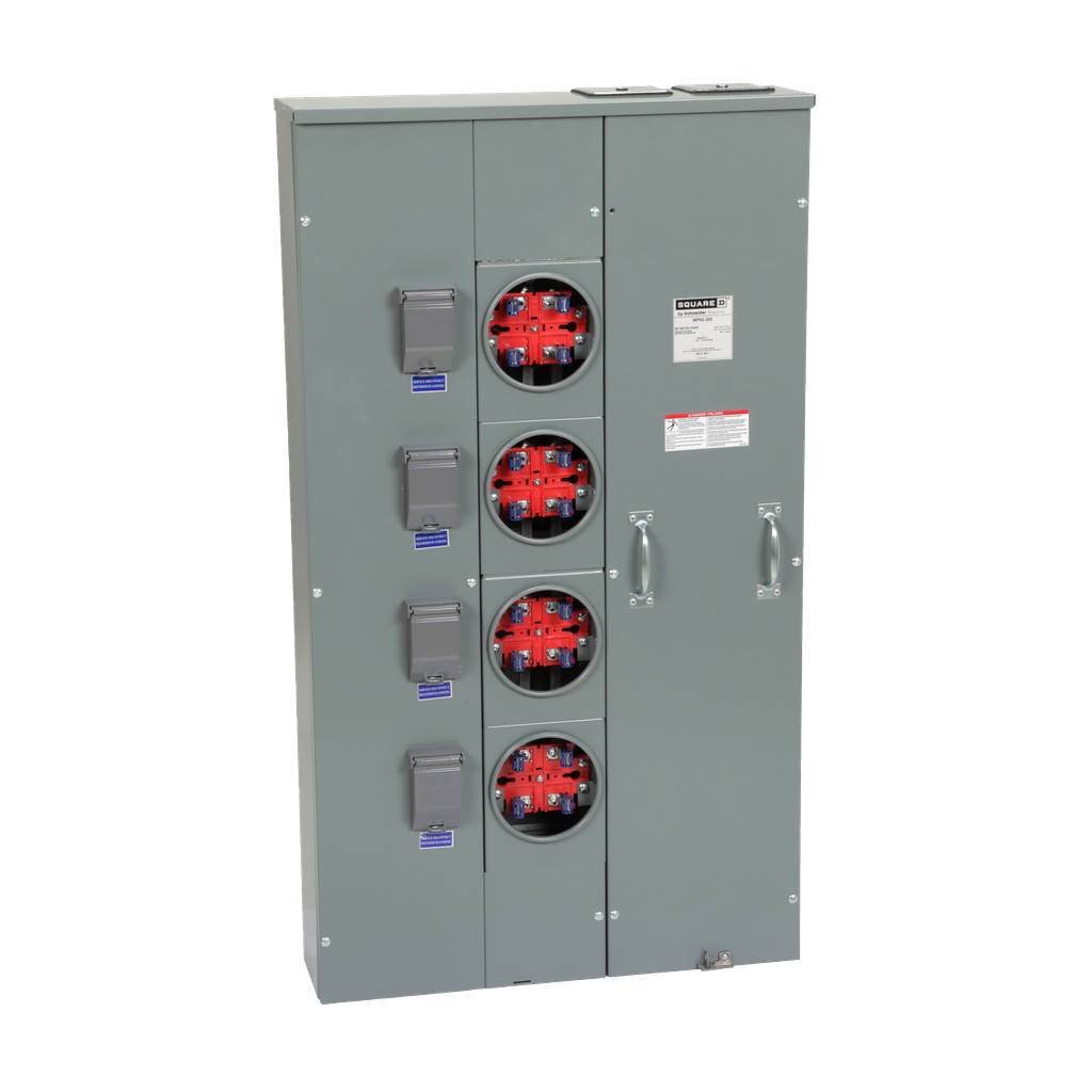 MP64200 – Meter center, MP Meter-Pak, 4 sockets, no bypass, 4 jaws, 600A bus, 200A max breaker rating, ringed