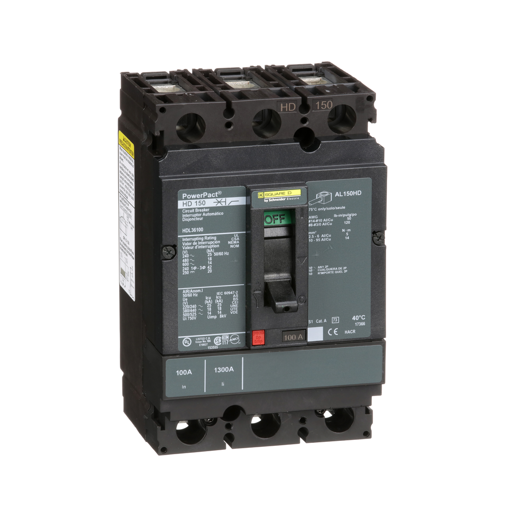 HDL36100 – Circuit breaker, PowerPacT H, 100A, 3 pole, 600VAC, 14kA, lugs, thermal magnetic, 80%