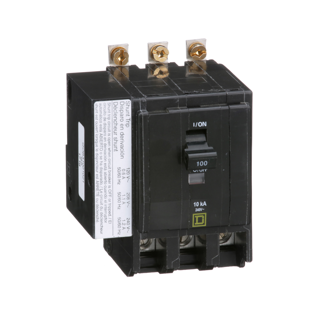 QOB31001021 – Mini circuit breaker, QO, 100A, 3 pole, 120/240VAC, 10kA, bolt on, AC shunt