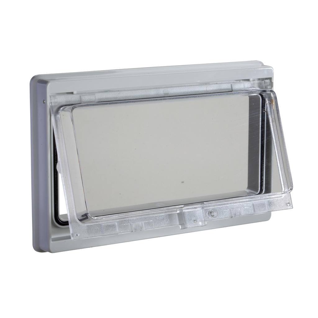 NSYMW10M – Plastic window with hinged transparent cover, L78xW180mm.