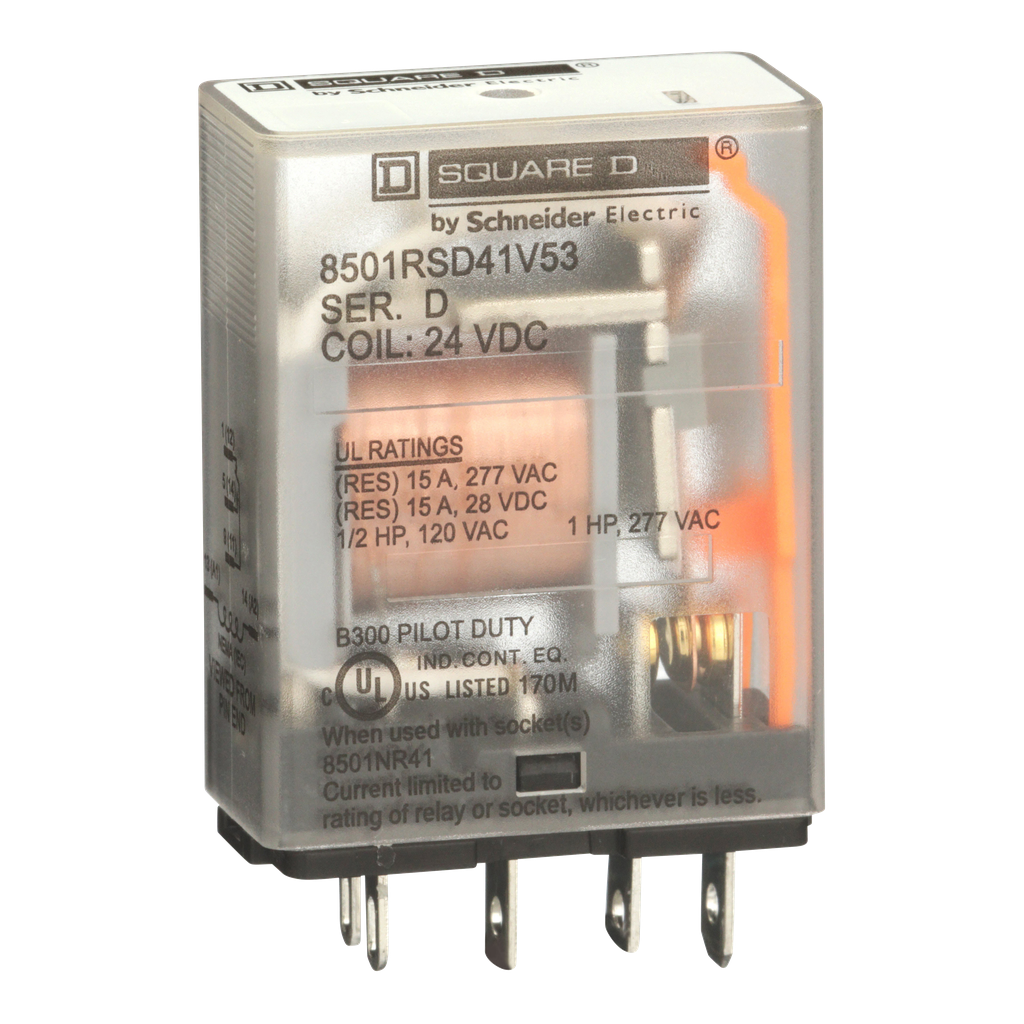 8501RSD41V53 – Miniature Relay, Harmony 8501R, SPDT, 5 blades, coil, 1HP at 277V AC, 15A resistive at 120V AC, 24V DC, 1NO  1NC