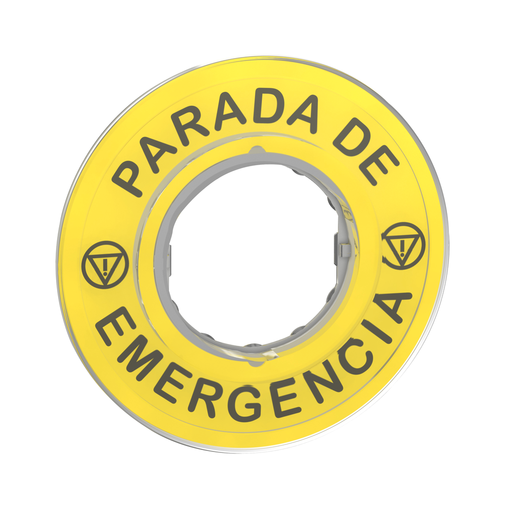 ZBY9420 – Legend, Harmony XB4, plastic, yellow, 90mm, for emergency stop, marked PARADA DE EMERGENCIA with logo ISO13851