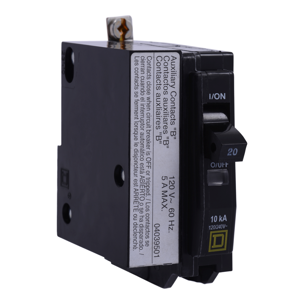 QOB1201201 – Mini circuit breaker, QO, 20A, 1 pole, 120/240VAC, 10kA, bolt on, aux switch 1B