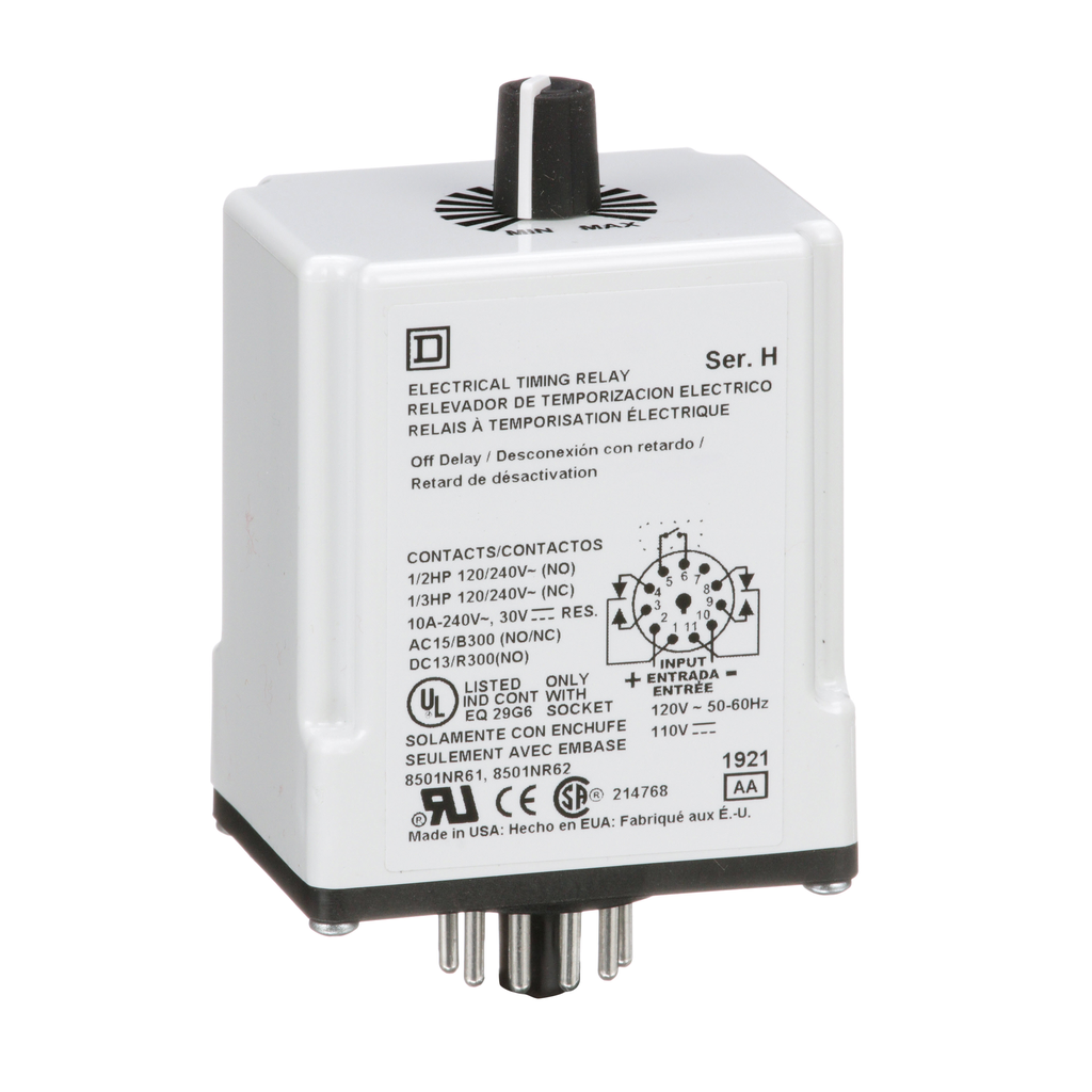 9050JCK22V20 – Timing Relay, Type JCK, plug In, off delay, adjustable time, 0.3 to 30 seconds, 10A, 240 VAC, 120 VAC/110 VDC