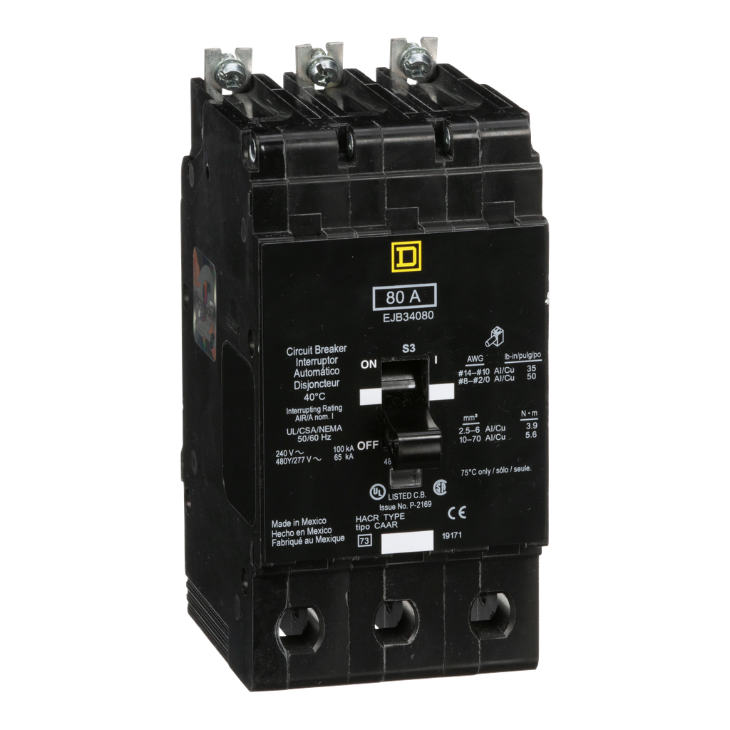 EJB34080 – Mini circuit breaker, E-Frame, 80A, 3 pole, 480Y/277VAC, 100kA max, bolt on