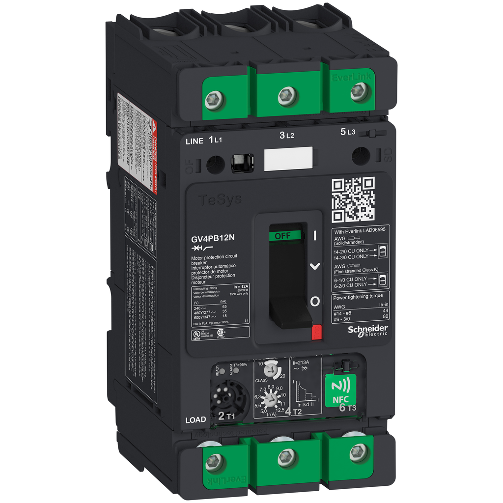 GV4PB12N – Motor circuit breaker, TeSys Deca, 3P, 12.5A, Icu 50kA, thermal magnetic, multifunction, UL489