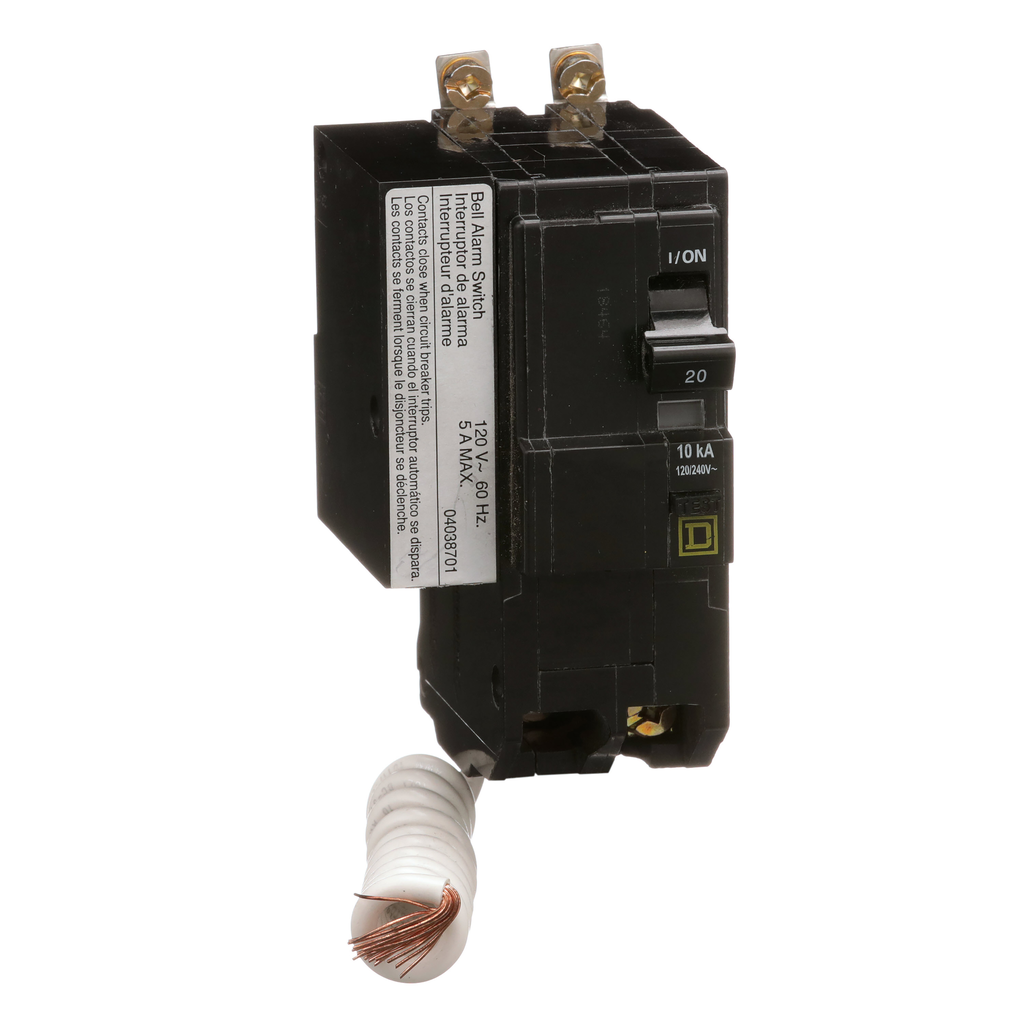 QOB220EPD2100 – Mini circuit breaker, QO, 20A, 2 pole, 120/240VAC, 10kA, bolt on, 30mA grd fault B, alarm switch