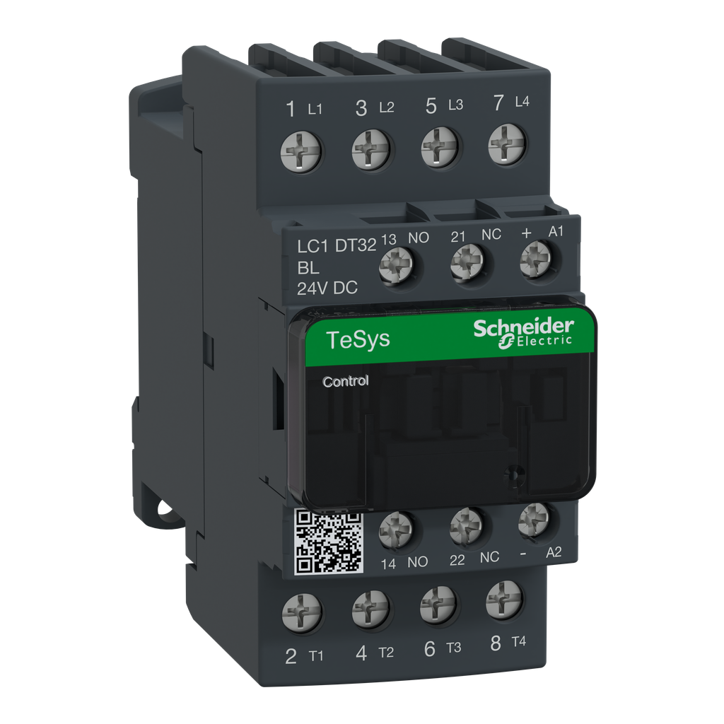 LC1DT32BL – IEC contactor, TeSys Deca, nonreversing, 32A resistive, 4 pole, 4 NO, low consumption 24VDC coil, open style