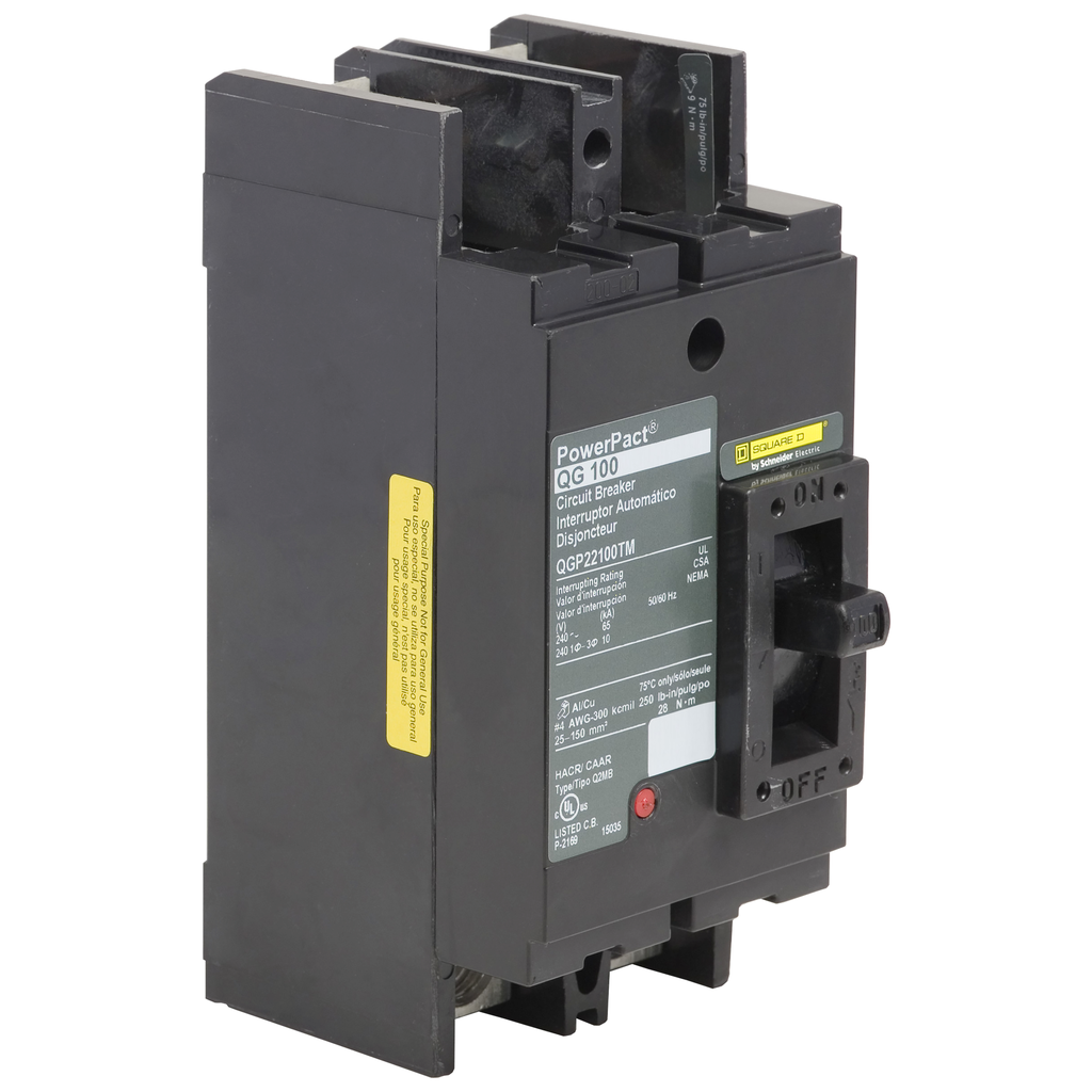 QJP22150TM – Circuit breaker, PowerPacT Q, 150A, 2 pole, 240VAC, 100kA, lugs, thermal magnetic, 80%, bottom of panel