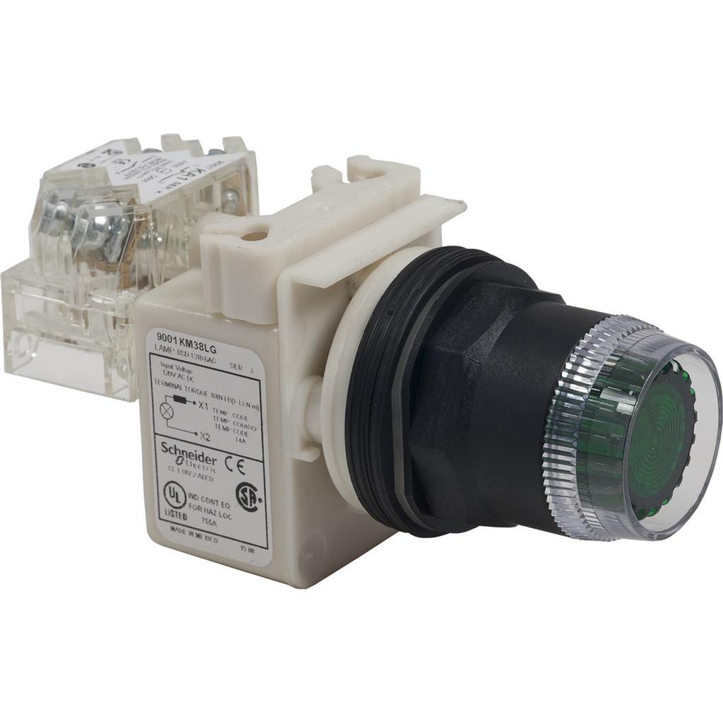 Mayer-DDS-Illuminated push-button, Harmony 9001SK, plastic, plastic guard flush, green, 30mm, spring return, 110-120V, 1 C/O-1