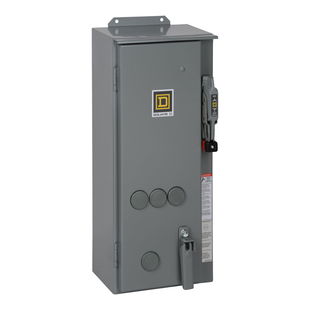 8538SCA24V02S – NEMA Combination Starter, Type S, 30A fusible disconnect, Size 1, 27A, 10HP at 600VAC polyphase, 120VAC coil, NEMA 12