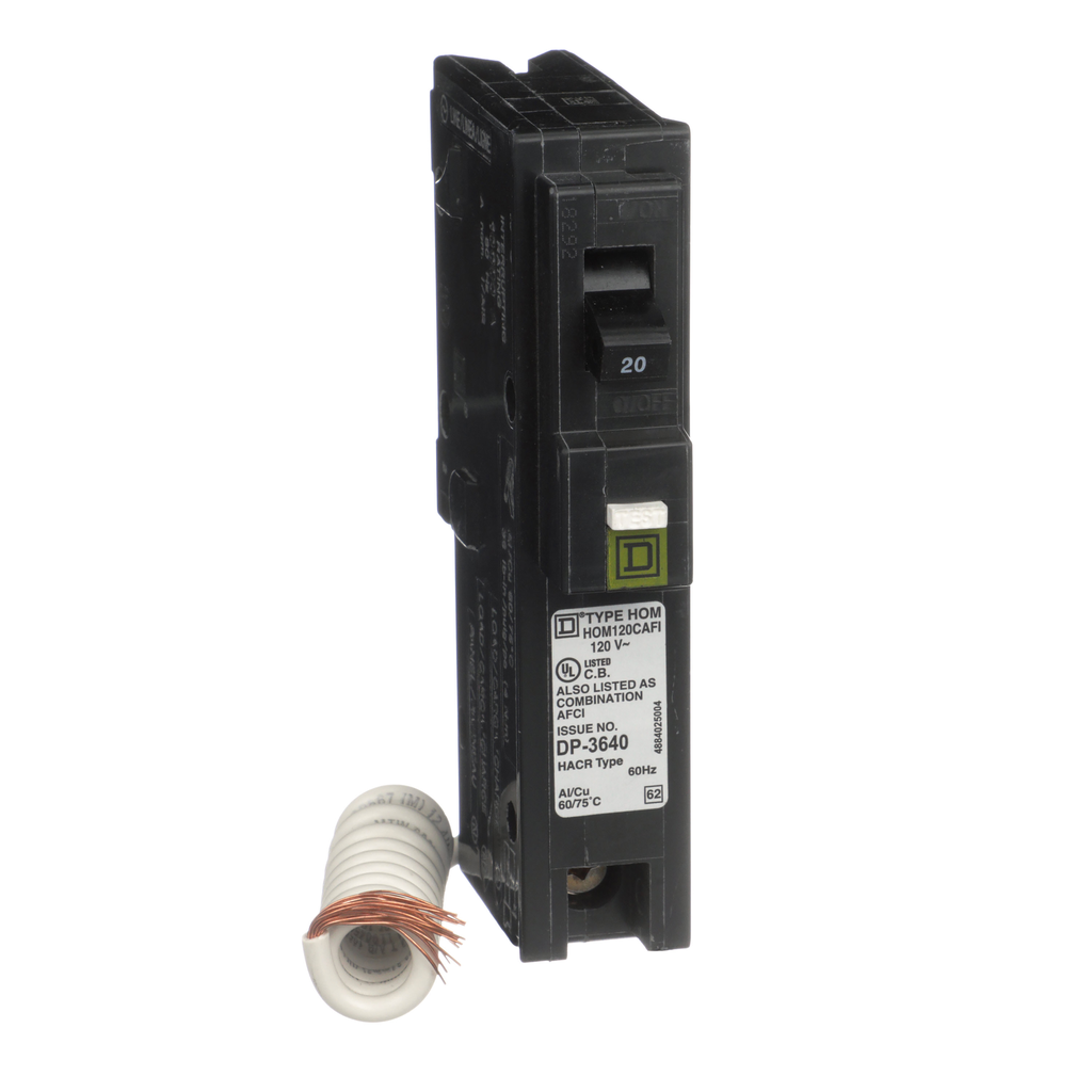 HOM120CAFIC – Mini circuit breaker, Homeline, 20A, 1 pole, 120VAC, 10kA AIR, combo arc fault, pigtail neutral, plug in, UL