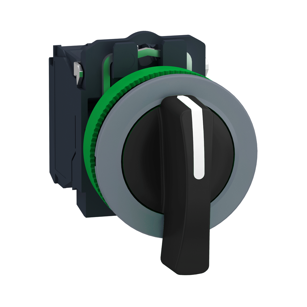 XB5FJ53C0 – Selector switch, Harmony XB5, flush mounted, grey bezel, 30mm, 3 positions, black long handle, spring return, 2NO