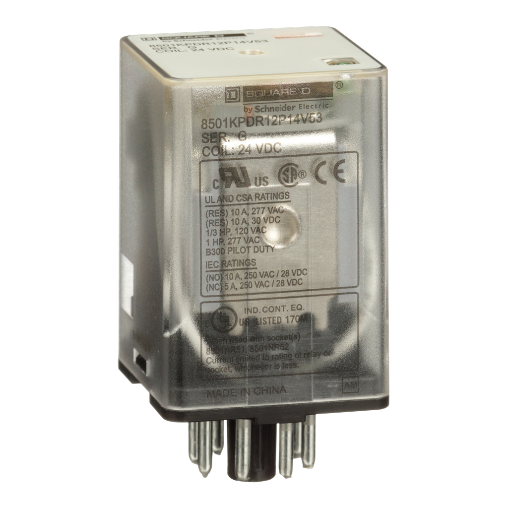 8501KPDR12P14V53 – Relay, Harmony 8501K, DPDT, 8 pins, LED, coil, 24V DC, 10A resistive at 120V AC, 1 HP at 277V AC, 2NO   2NC