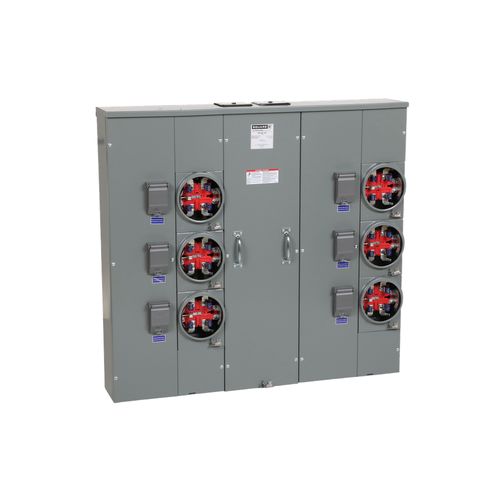 MPH86200 – Meter center, MP Meter-Pak, 6 sockets, horn bypass, 5 jaws, 800A bus, 200A max breaker rating, ringless
