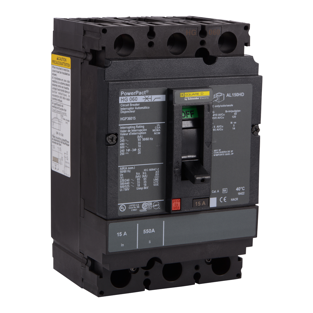 HGP36150 – Circuit breaker, PowerPacT H, 150A, 3 pole, 600VAC, 18kA, lugs, thermal magnetic, 80%