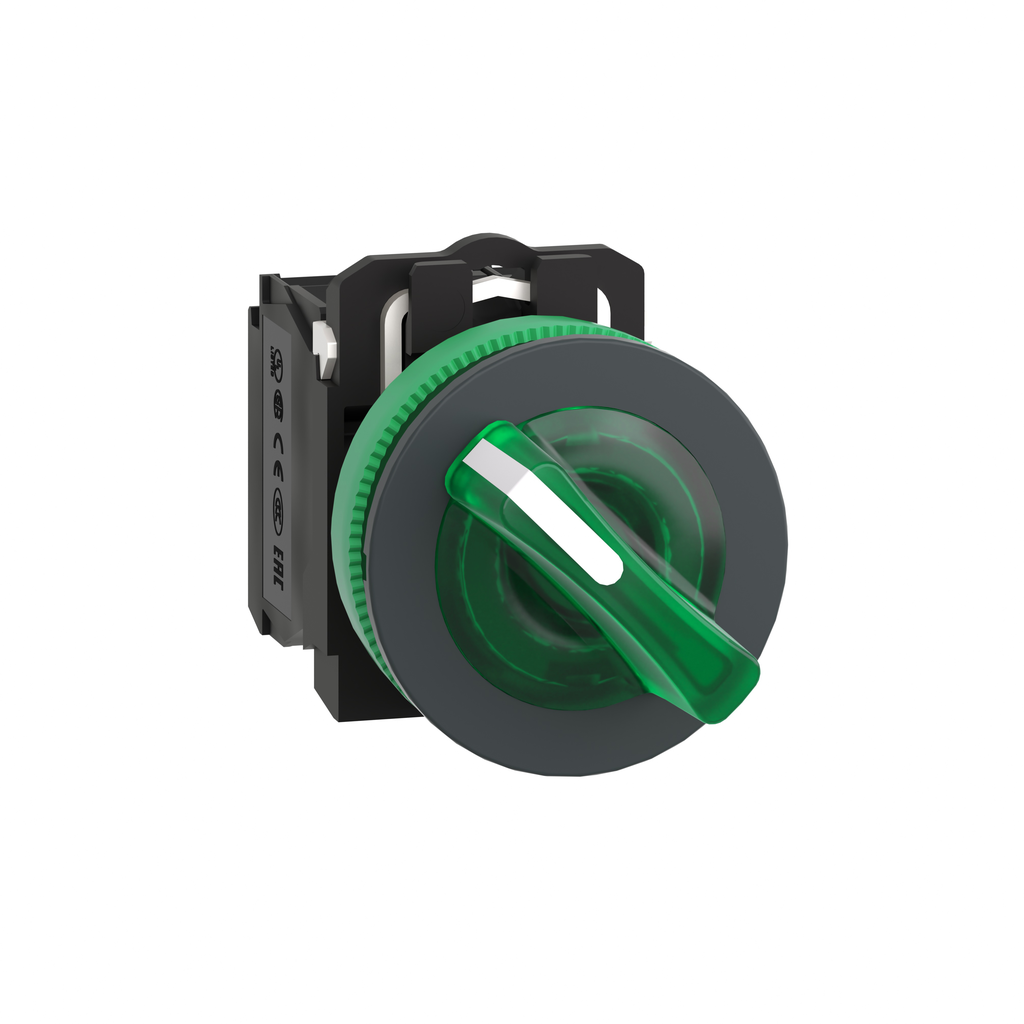 XB5FK123B5 – Illuminated selector switch, Harmony XB5, grey plastic, green handle, 30mm, universal LED, 2 positions, 1NO   1NC, 24V AC DC