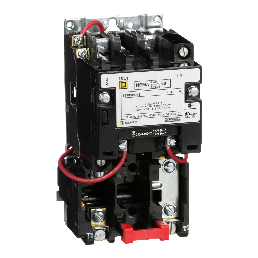 8536SBO1V02S – NEMA motor starter, Type S, nonreversing, Size 0, 18A, 2HP at 230VAC, 5kA SCCR, 1 phase, 2 pole, melting alloy, 120VAC coil, open