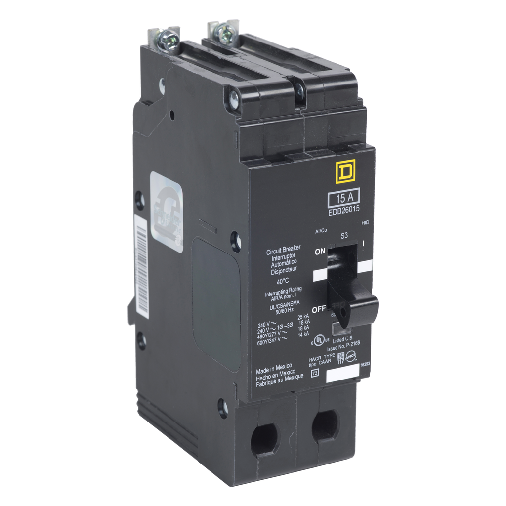 EGB26015 – Mini circuit breaker, E-Frame, 15A, 2 pole, 600Y/347VAC, 65kA max, bolt on